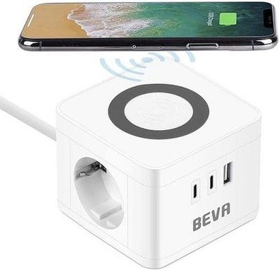 BEVA Steckdosenwürfel Cube mit 10W Wireless Ladefunktion + 1.5M Kabel,2500W/10A