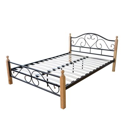 Metallbett 160x200 cm Schwarz mit Lattenrost | Doppelbett mit Holzdetails