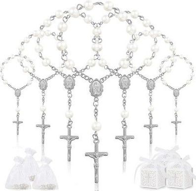 SWAWIS 50 Stk. Taufrosenkranz Rosenkranz Gastgeschenk Taufe mit 50 Boxen, Silber