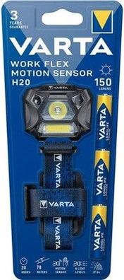 VARTA Stirnlampe LED + 3x AAA Batterien, Work Flex Motion Sensor H20, 2 Modis