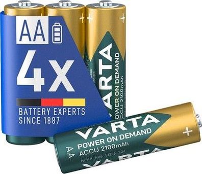 VARTA Batterien AA, wiederaufladbar, 4 Stück, Akku, 2100 mAh Ni-MH, vorgeladen