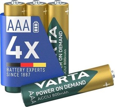VARTA Batterien AAA, wiederaufladbar, 4 Stück, Power on Demand, 800 mAh Ni-MH