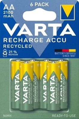 VARTA Batterien AA, wiederaufladbar, 6 Stück, Akku, 2100 mAh Ni-Mh, vorgeladen