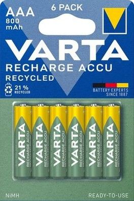 VARTA Batterien AAA, wiederaufladbar, 6 Stück, 800 mAh Ni-MH Akku, einsatzbereit