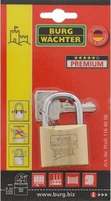 Burg-Wächter Vorhängeschloss, Profi 116 40 SB, + 2 Schlüssel, Bügelstärke: 6 mm