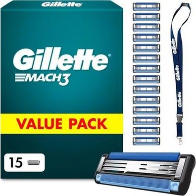 Gillette Mach 3 Standard Klingen Herren, 15 Rasierklingen, + Schlüsselanhänger