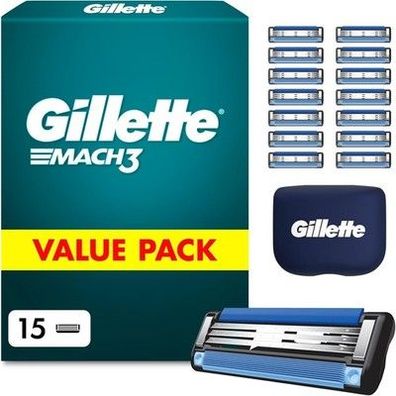 Gillette Mach 3 Klingen Herren, 15 Original Rasierklingen, Blau - Ersatzklingen