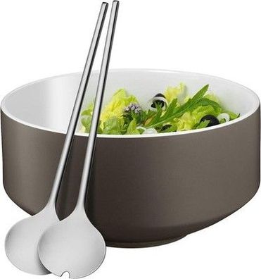 WMF Moto Salatschüssel Set 3-teilig, Salatbesteck 32 cm mit Salatschale, grau