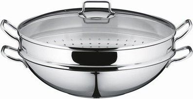 WMF Macao Wok Induktion 4-teilig, Wokpfanne 36 cm mit Glasdeckel, Ablagegitter