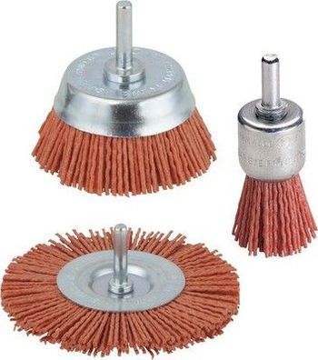 wolfcraft Nylondraht-Bürsten-Set 3-tlg. 6mm Schaft für Holz und Metall 2741000