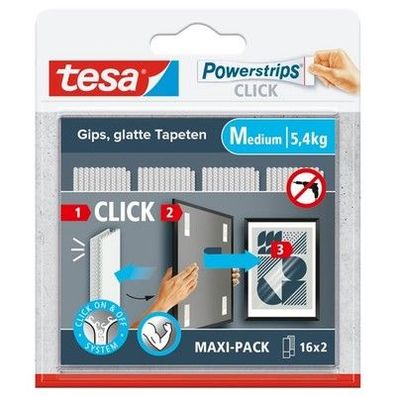 Tesa Powerstrips CLICK - Klett-Klebepads An- & Abklicken Bilderrahmen 16 x 2 Stk