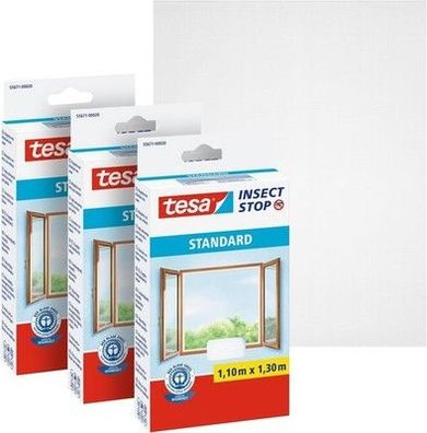 tesa Insect Stop Klett Fliegengitter, 3 x Fliegen Netz - 110 cm x 130 cm, weiß