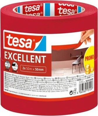 tesa Malerband Excellent Malerkrepp mit Papierträger - 2x 50 m x 50 m, Kreppband
