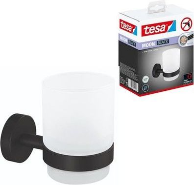 tesa Moon Black Zahnputzbecher aus Glas mit Halter, 70 mm x 96 mm x 109 mm