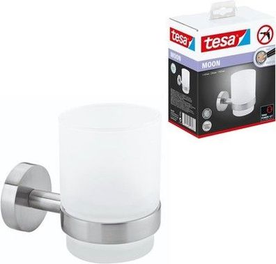 Tesa Moon Zahnputzbecher mit Halterung - Becher aus satiniertem Glas, verchromt