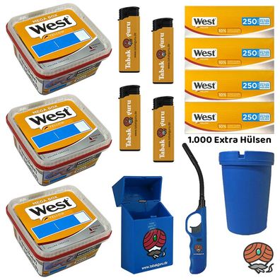 West Yellow Volumentabak Mega Box 3x 105g, 1000 Extra Hülsen, viel Zubehör