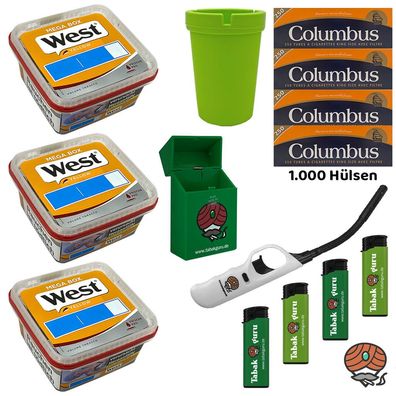 West Yellow Volumentabak Mega Box 3x 105g, 1000 Columbus Hülsen, Zubehör