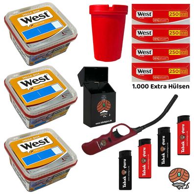 West Yellow Volumentabak Mega Box 3x 105g, Red Extra Hülsen, viel Zubehör