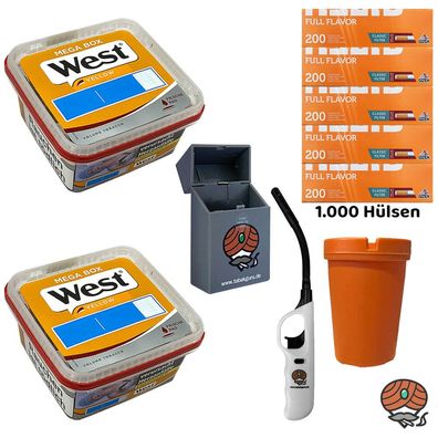West Yellow Volumentabak Mega Box 2x 105g, Gizeh Full Flavor Hülsen Feuerzeug