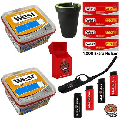 West Yellow Volumentabak Mega Box 2x 105g + Red Extra Hülsen + Stabfeuerzeug