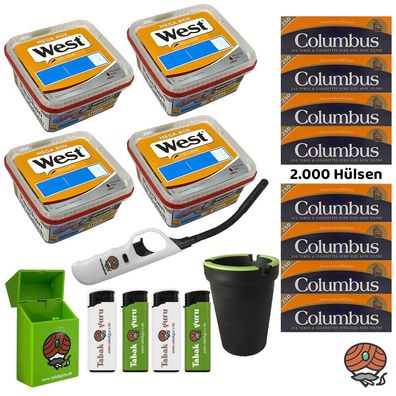 West Yellow Volumentabak Mega Box 4x 105g, Columbus Hülsen, Stabfeuerzeug