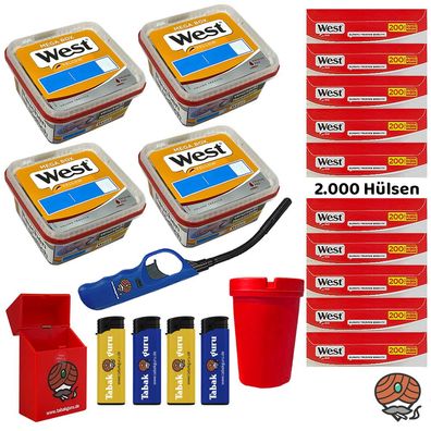 West Yellow Volumentabak Mega Box 4x 105g + 2000 West Hülsen, Stabfeuerzeug
