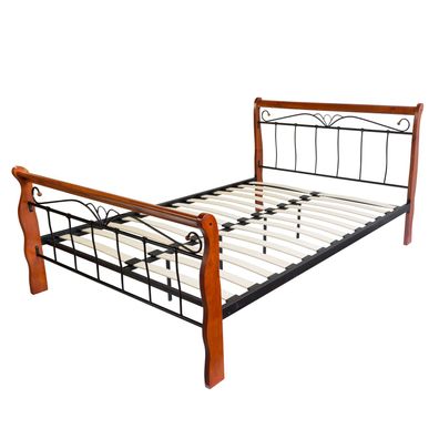 Metallbett 160x200 cm Schwarz mit Lattenrost | Doppelbett mit Holzdetails