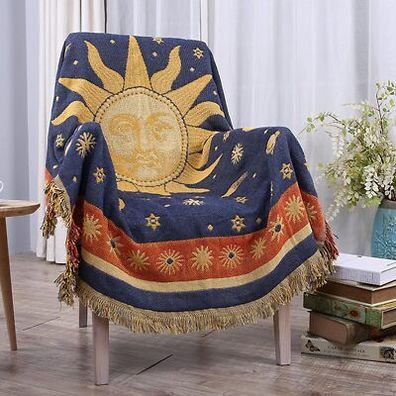 Hoordry Sonne & Mond Tages-Decke Fransen, Doppelseitig Baumwoll Gewebt (180x130)
