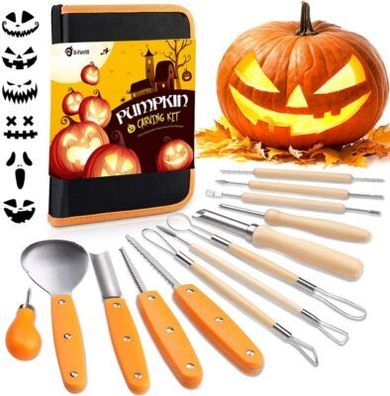 D-FantiX Halloween Kürbis Schnitz-Set, 13 Stück Professionelles Edelstahl DIY