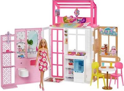 Barbie-Puppenhaus (70,6 x 51,4 cm) mit 4 Spielbereichen, komplett eingerichtet