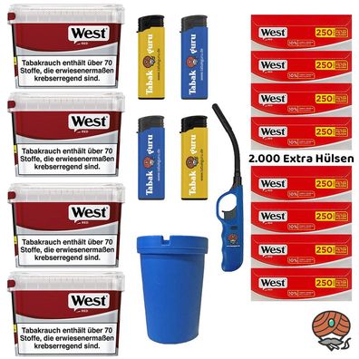 West Red Volumentabak Box 4x 110g, 2000 West Extra Hülsen + Zubehör