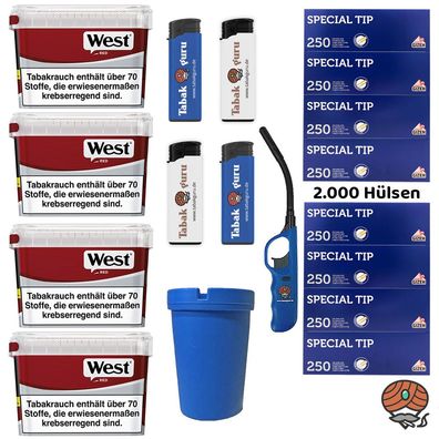 West Rot Volumentabak Box 4x 110g, 2000 Gizeh Special Tip Hülsen, Zubehör