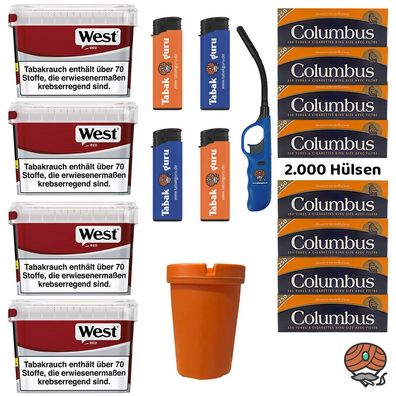 West Red/Rot Volumentabak Mega Box 4x 110g, Columbus Hülsen, viel Zubehör