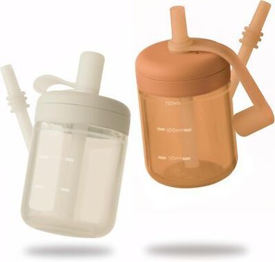 Moonkie 2x Trinklernbecher Trinkflasche + Strohhalm Silikon Trinkbecher + Deckel