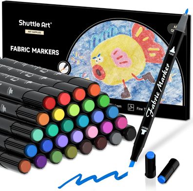 Shuttle Art Textilstifte Waschmaschinenfest, 30 Farben Textilmarker Set - Stifte