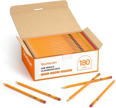 Shuttle Art HB Bleistifte, 180 Stück vorgespitzte gelbe Bleistifte + Radiergummi