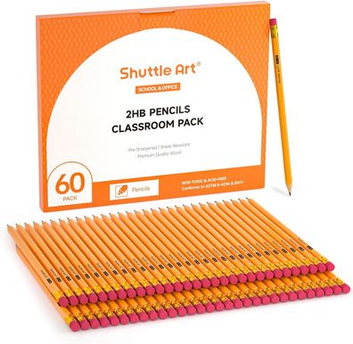 Shuttle Art HB Bleistifte, 60 Stück vorgespitzte gelbe Bleistifte + Radiergummi