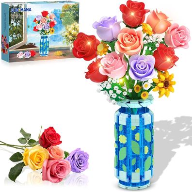 Cubimana Rosen-Blumen-Bausatz mit Vase und LED-Licht, 16 Mini-Blumensträuße