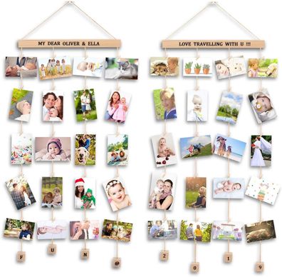 Uping Bilderrahmen Collagen, 2er Set Fotowand: 40 Holzklammern und 5 Hanfseil