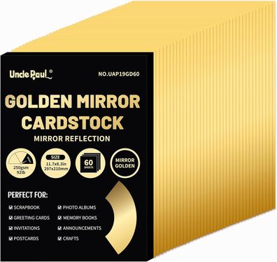 A4 Golden Kartonpapier, 60 Blatt 250 g/m² metallisch reflektierendes Papier