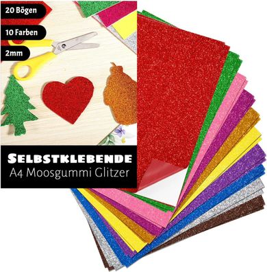20 Bogen Moosgummi Glitzer A4 Selbstklebende Bastelpapier Platten 2mm/ 20 x 30cm