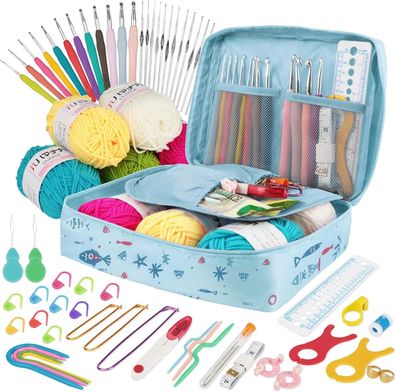 YINVA Häkelnadel Set 111 Stück Häkelset in Blau 0.6mm-8mm Tasche Strickzubehör