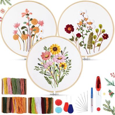 AOTWAN Stickset Anfänger, Blumenmuster Pflanzen Sticken Set Bambus Stickrahmen