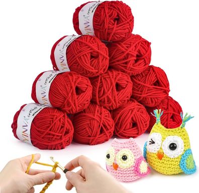 YINVA Häkelgarn 10 Stk x 25g Acryl Wolle Zum Häkeln Weiß Wolle Zum Stricken, Rot