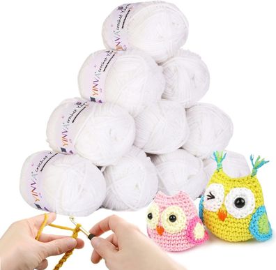YINVA Häkelgarn 10 Stk x 25g Acryl Wolle Zum Häkeln Weiß Wolle Zum Stricken Weiß