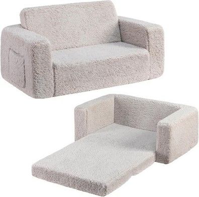 BEJOY Kindersofa extra breite 2-in-1-Kleinkind-Sherpa-Couch zum Ausklappen, Grau