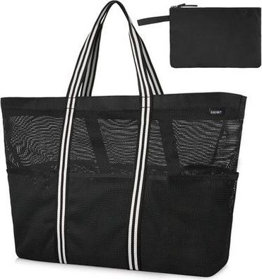 GAGAKU Strandtasche mit Reißverschluss XXL Familie Badetasche Extra Groß Schwarz