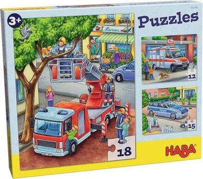 HABA Feuerwehr-Puzzle – 3-teiliges Set für Kinder ab 3 Jahren, Papp-Puzzle