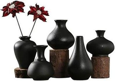 Sziqiqi Kleine Schwarze Keramik Vasen 5er-Set, Mini Handmade Keramikvasen Deko