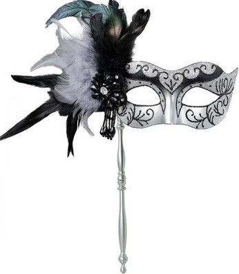 Myseuni 2024 Neue Maskerade Maske für Frauen mit Stab - Glänzend Schwarz/Silber
